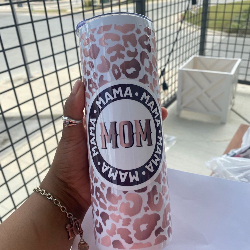 MOM Leopard Print Tumbler in Blush Pink